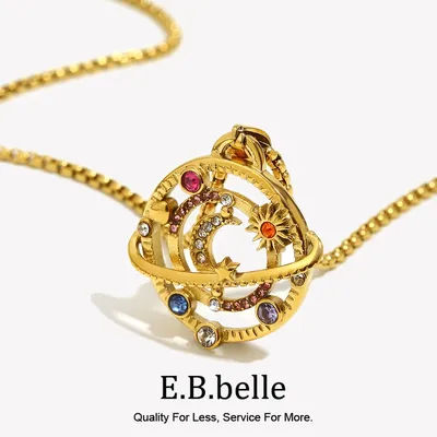 E.B.belle Colorful Rhinestone Moon Star Planet Necklace Stainless Steel 18K Gold Plated Fashion Jewelry Girls