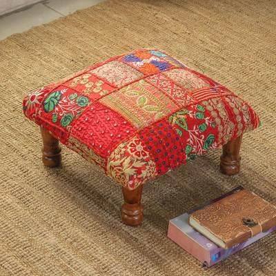 Regal Celebration,'Embellished Patchwork Ottoman Footstool in a Warm Palette'