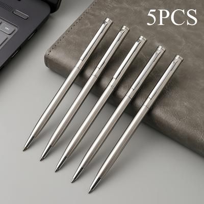 TEMU 5pcs Elegant Silvery Stainless Steel Ballpoint Pens - Durable, Medium Point, Twist Action, Smooth Writing For Adults 14+ | Office & Gift Packaging