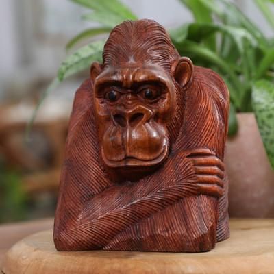 'Hand-Carved Suar Wood Sculpture of Meditative Orangutan'