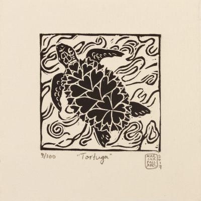 Turtle,'Turtle Hearts Black and White Signed Linoleum Block Print'