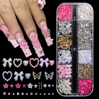 TEMU 95pcs 3d Nail Charms And Gemstone Set 20pcs Butterfly Charms + Nail Bow And Heart Charms + 3d Flower Nails With Rhinestone, Pearl, Diamond Y2k Nail Decoration Women Nail Manicure Supplies