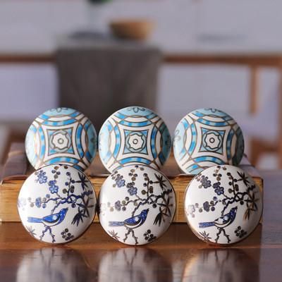 '6 Hand-Painted Ceramic Knobs with Bird and Geometric Motifs'