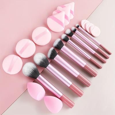 TEMU Makeup Brush Sets, 19pcs Plastic Daily Portable Makeup Egg&make-up Powder Puff&eyelash Curler&storage Bagmultifunctional Beauty Brushes For Making Up Supply Suitable For Types