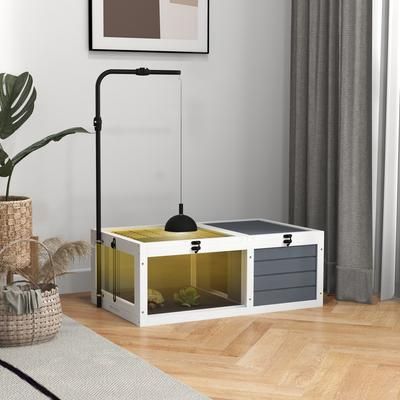 TEMU Tortoise House, Wooden , Tortoise Enclosure With Adjustable Lamp Holder, Openable Lids, Pull-out Trays - Grey