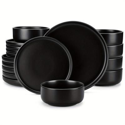 TEMU 18 Piece Black Ceramic Plate Sets Stoneware Dinner Set Elegant Dinnerware With 6 Piece / Dessert Plate/ Bowl For 6 People