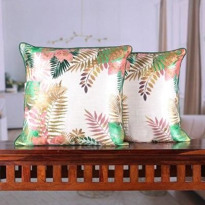 Leafy Whispers,'Golden Zari Embroidered Cushion Cover Pair with Leafy Print'