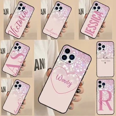 Personalised initials name pink shiny Back Case For iPhone 16 15 14 13 11 12 Pro Max Mini XS X XR 7
