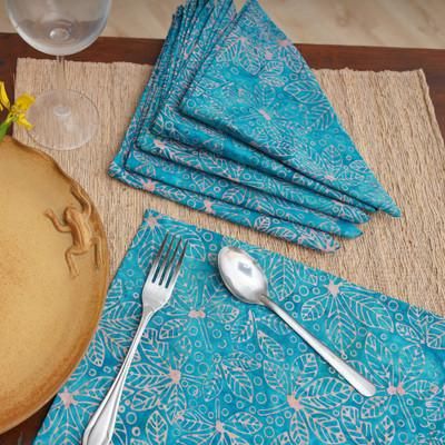 'Nature-Inspired Leafy 6-Piece Turquoise Batik Napkin Set'