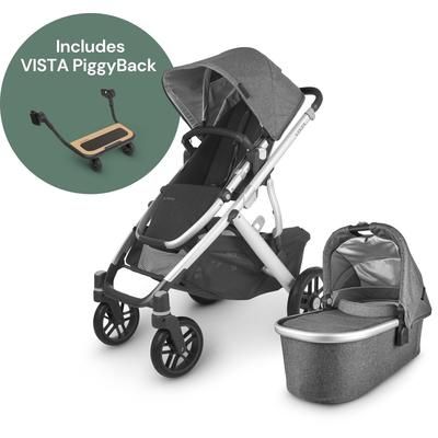 UPPAbaby Vista V2 Single-to-Double Stroller + PiggyBack Ride-Along Bundle - Jordan (Charcoal Melange