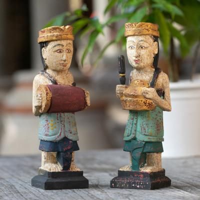 Kempluk Players,'2 Wood Sculptures of Men Playing Balinese Musical Instrument'