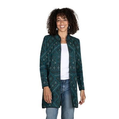 Nordic Chic in Forest,'100% Baby Alpaca Green Long Cardigan with Mandarin Collar'