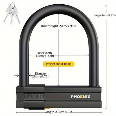 TEMU Phoenix Bike U Lock Universal Anti-theft Heavy-duty Safety Motorcycle Scooter Cycling U-lock Bicycle Accessories With 2 Keys