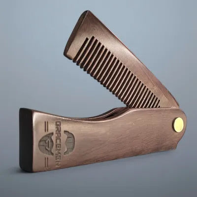 Gracemen Folding Comb Primium Natural Dark Sandalwood Wooden Foldable Beard Comb Small Size Men's Pocket Mustache Hair Comb