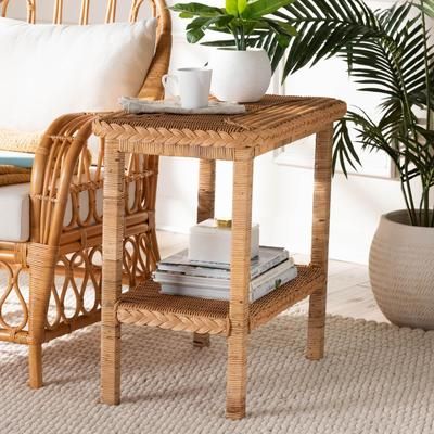 Minahasa Bohemian Light Honey Braided Rattan Side Table by Wholesale Interiors INC in Light (Size ONE SIZE)