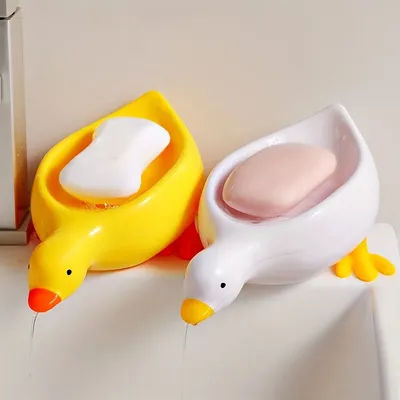 1pc Cute Duck Shaped Soap Dish, Plastic Drain Tray, Self Draining Holder, Multifunctional Storage Rack, Bathroom Accessories