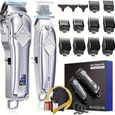 TEMU Professional Hair Clippers And Trimmer Kit For Men - Cordless Barber Clipper + T Blade Outliner, Complete Hair Cutting Kits With 13 Premium Guards, Led Display, Taper Lever & 5 Hrs