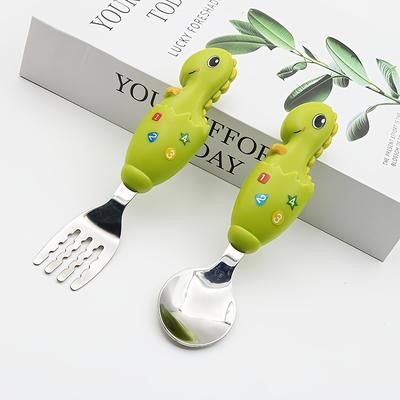 TEMU 2pcs Dining Set - Stainless Steel Fork And Spoon With Dinosaur Handles, Kid-friendly Metal Cutlery For Easy