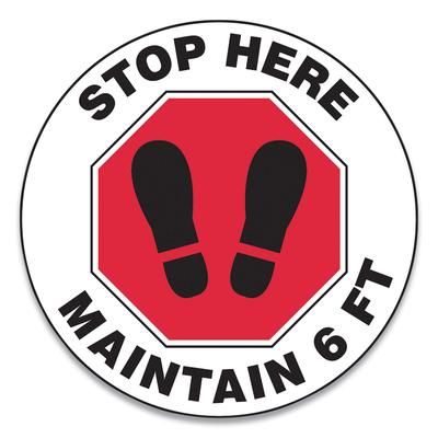 Accuform® MFS390ESP Slip-Gard Social Distance Floor Signs, 17" Circle, "Stop Here Maintain 6 Ft", Footprint, Red/White, 25/Pack - Pack of 25 GN1MFS390