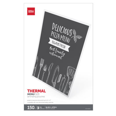 Office Depot Brand Laminating Pouches, Menu Size, 3 Mil, 11-1/2" X 17-1/2", Pack Of 150 Pouches