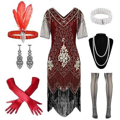 Anni Ruggenti Anni 1920 Lunghezza al ginocchio Abito Flapper Costume da festa Manica illusione Maniche corte Il grande Gatsby Frangia con nappe Paillettes Nappa Scollo a V Costume Per donna Carnevale