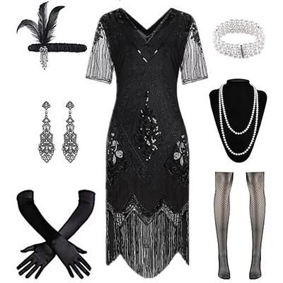 Anni Ruggenti Anni 1920 Lunghezza al ginocchio Abito Flapper Costume da festa Manica illusione Maniche corte Il grande Gatsby Frangia con nappe Paillettes Nappa Scollo a V Costume Per donna Carnevale