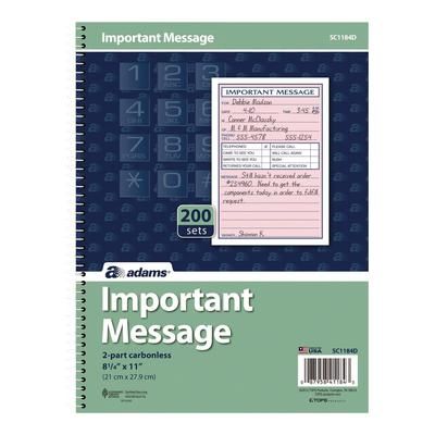 Adams Important Message Book, Two-Part Carbonless, 4 Forms/Sheet, 200 Forms Total (ABFSC1184D)