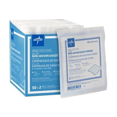 Medline Deluxe 4-Ply Sterile Nonwoven Gauze Sponge, 4" x 4", 2/Pack, 1200/CS (NON264442)