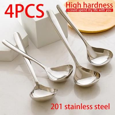 TEMU 4 Stainless Steel Soup Spoons, Large Head, Thickened Long Handle, Suitable For Kitchen, Soup Hot Pot Spoon, Restaurant, Food Truck Tableware, Happy Eid, Happy Valentine's Day