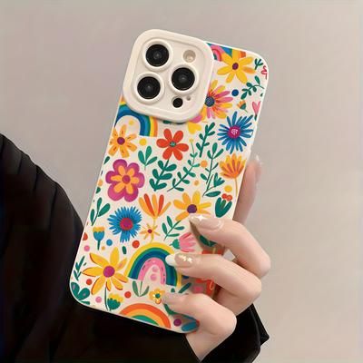 TEMU Spring Flowers Rainbow Pattern Colorful Charm All-inclusive Shockproof Phone Case, Trendy And Tpu Mobile Phone Protective Cover, Compatible With Iphone 16/15/14/13/12/11 Pro Plus Pro Max