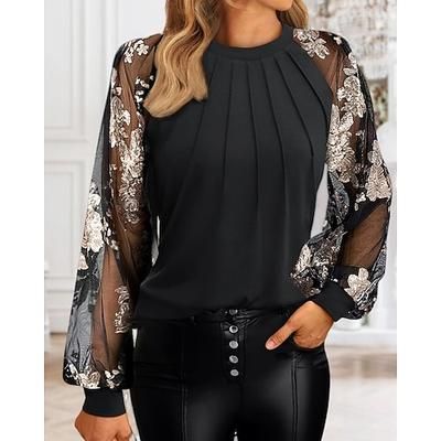 Per donna Blusa Pizzo Stampato Pizzo Fiori / Piante Elegante Il giro Quotidiano Blu 6 nero Nero bianco grigio Nero Rosa Primavera Autunno
