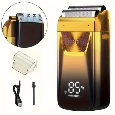 TEMU 2-in-1 Electric Foil & Bald Shaver For Men - Usb Rechargeable, Adjustable Dual Head, 86% , Golden & , Perfect Gift, Beard Trimming | Digital Display Shaver