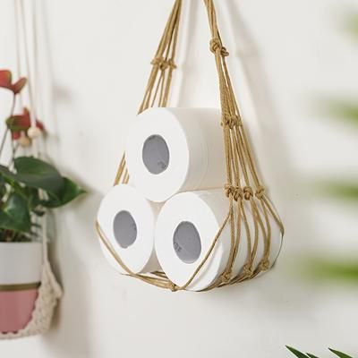 TEMU 1pc Hand-woven Toilet Tissue Storage Net Bag, Wall Hanging Tissue Roll Holder For Bathroom, Bathroom Accessories