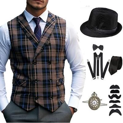 Anni 1920 Ispirato al vintage Il grande Gatsby Costume da festa Set di accessori Senza maniche Doppiopetto Plaid Collo ripiegato Costume Per uomo Halloween Festa Sera Casual Quotidiano Adulti Gilet