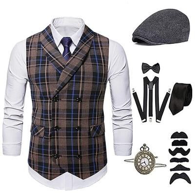 Anni 1920 Ispirato al vintage Il grande Gatsby Costume da festa Set di accessori Senza maniche Doppiopetto Plaid Collo ripiegato Costume Per uomo Halloween Festa Sera Casual Quotidiano Adulti Gilet
