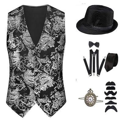 Anni 1920 Ispirato al vintage Il grande Gatsby Costume da festa Set di accessori Senza maniche Stampa Senza colletto Costume Per uomo Halloween Festa Sera Casual Quotidiano Adulti Gilet Cappello