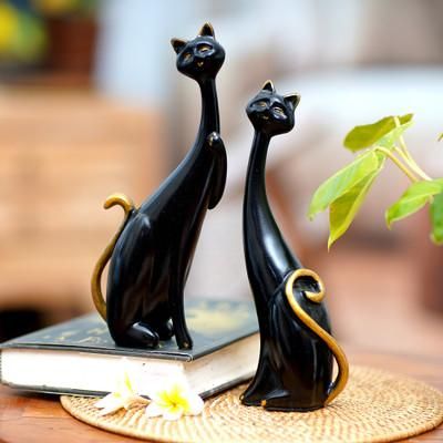 Feline Mystery,'Set of 2 Black Cement and Lava Sand Cat Sculptures'
