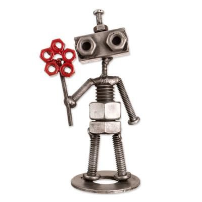 'Eco-Friendly Recycled Metal Figurine of Robot with Flower'