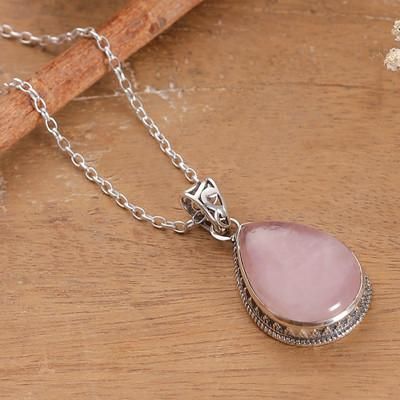 'Drop-Shaped Natural Rose Quartz Pendant Necklace from India'