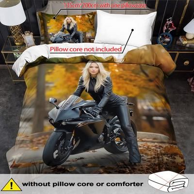TEMU 1 Set Motorcycle Theme Bedding Set - 2/3pcs, Washable, Includes 1 Duvet + 1 Pillowcases (no )
