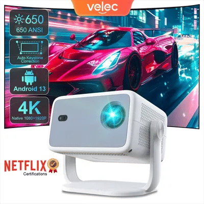 Velec Netflix Certification Projector Android 13 4K Native 1080P 650ANSI With Auto Focus Wifi6 BT5.2 360° Home Outdoor Projector