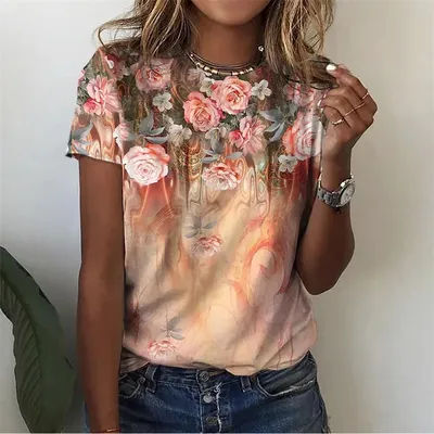 Plantes florales motif T-Shirt pour femmes fleur 3D imprimé t-shirts été décontracté col rond hauts manches courtes surdimensionné t-shirts