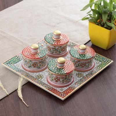 'Jaipur Floral Green and Red 5-Piece Marble Tray and Bowl Set'