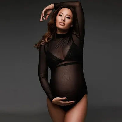 Long Sleeve Maternity Wear Slim Tight Elastic Mesh See-Through Bodysuit Mock Neck Sexy Photography Costume Baby Shower Props