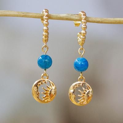 'Gold-Plated Apatite Statement Earrings with Sun Moon Theme'