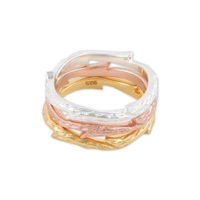 'Polished Multi-Metal Leafy Stacking Band Rings (Set of 3)'