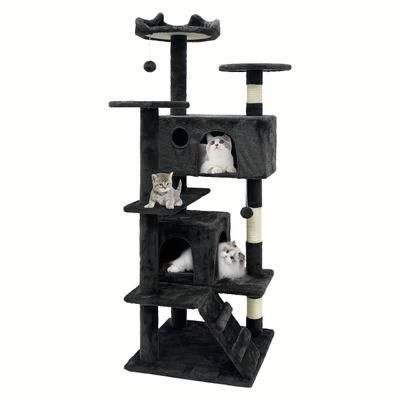 TEMU Cat Tree 138.5cm Cat Scratching Tower Indoor Cat Multi-level Climbing Tower Apartment, With Scratching Post, 2 Houses, Ladder And 2 Swing Balls Dark Gray
