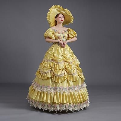 Vintage Rococò Rinascimento Maxi Vestito Normale Manica a Palloncino Principessa regina Elisabetta Pieghettato Con Volant Principessa Collo quadrato Costume Per donna Halloween Carnevale Mascherata