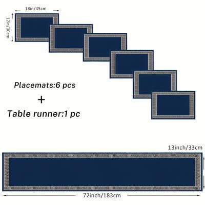 TEMU A Set Of Geometric Greek Tablecloth And Placemats, Suitable For Dining Tables In Restaurants, Navy Blue Washable Table Mats, Kitchen Decor.