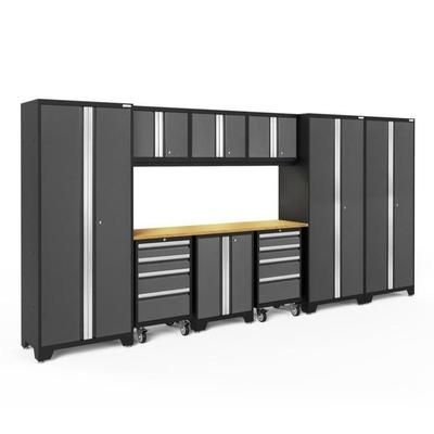 Newage Products Bold 3.0 Series 10-Piece Garage Cabinet Set, Grey / Bamboo Worktop / LED Lights